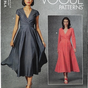 May include: Vogue Patterns sewing pattern for a wrap dress. The pattern features two dress styles, one in a dark denim-like fabric and the other in a red striped fabric. The dresses have a V-neckline and a fitted waist. The pattern includes the text "Vogue Patterns".