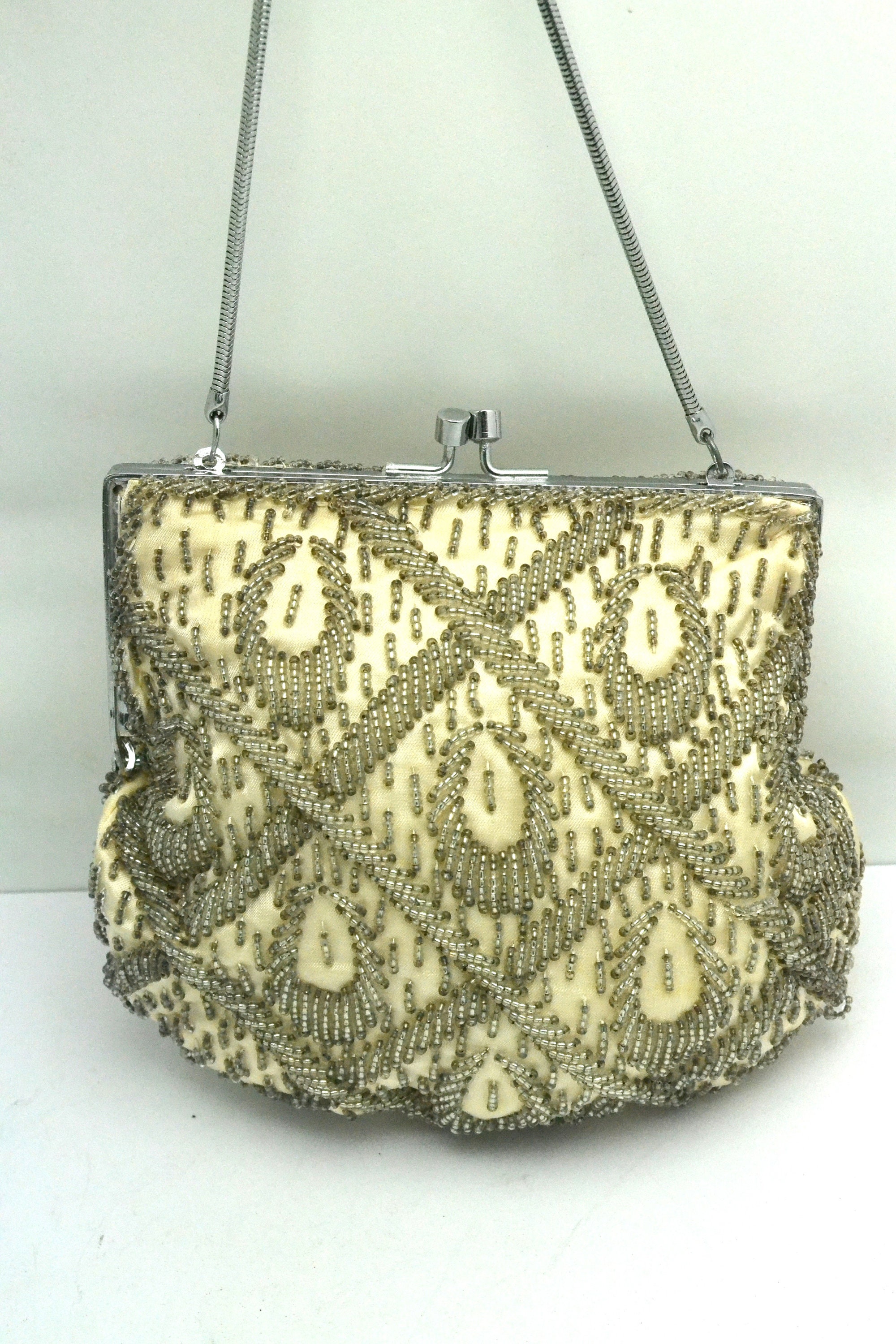 Vintage Beaded Purse Made in Japan Cream Satin With Silver