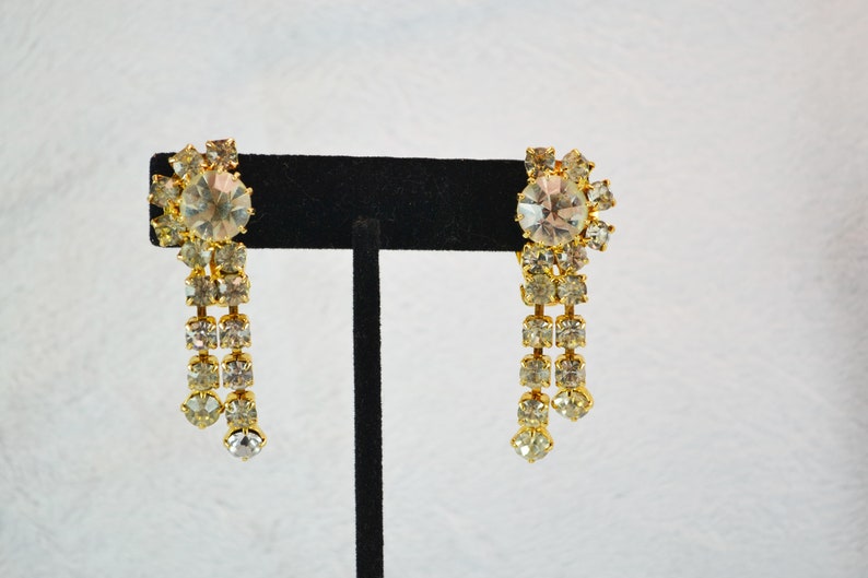 Prom or Special Occasion Bold Sparkling Rhinestone Clip On Earrings with Dangles Gold Tone Metal Great for Wedding