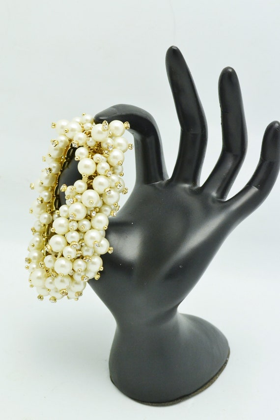 Vintage Faux Pearl & Rhinestone Stretch Cuff Brac… - image 1