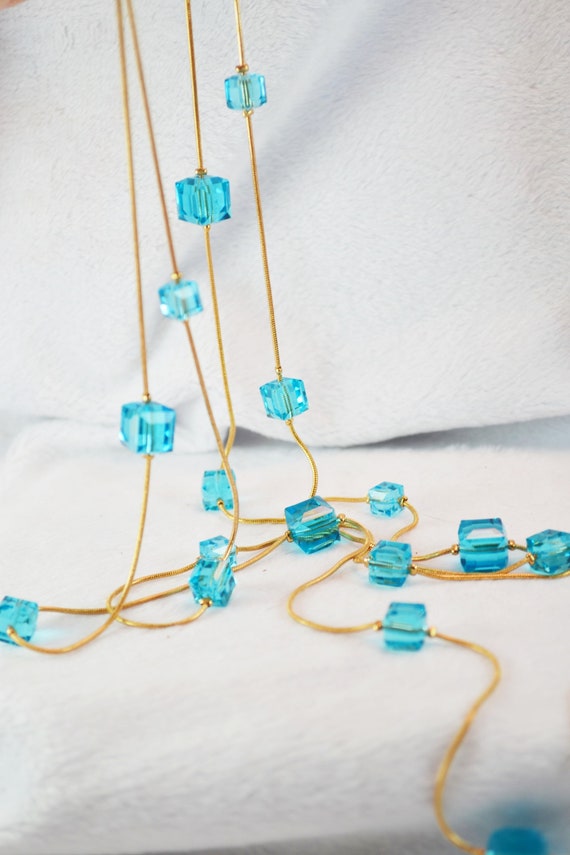 Sparkling Aqua Crystal Cubes and Gold Tone Snake … - image 1