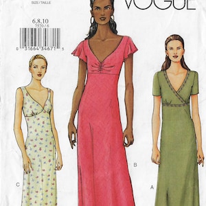 Puede incluir: Un patrón de costura para tres estilos diferentes de vestidos maxi. El patrón es de Vogue e incluye las tallas 6, 8 y 10. Los vestidos se muestran en rosa, verde y estampado floral.