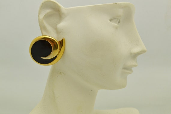 Vintage Monet Pierced Earrings Black Enamel and G… - image 7