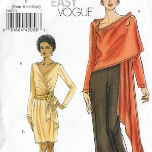 May include: Vogue Very Easy sewing pattern featuring two women's fashion designs. One design is a wrap dress with a tie waist. The other is a top with a draped shoulder and pants. The pattern includes size Y (Xsm-Sml-Med).