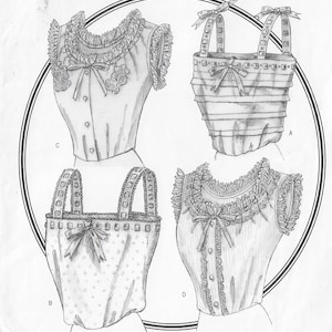 Puede incluir: Un dibujo en blanco y negro de cuatro estilos diferentes de blusas para mujeres. Las blusas están etiquetadas como A, B, C y D.