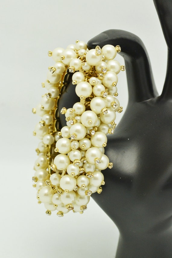 Vintage Faux Pearl & Rhinestone Stretch Cuff Brac… - image 6