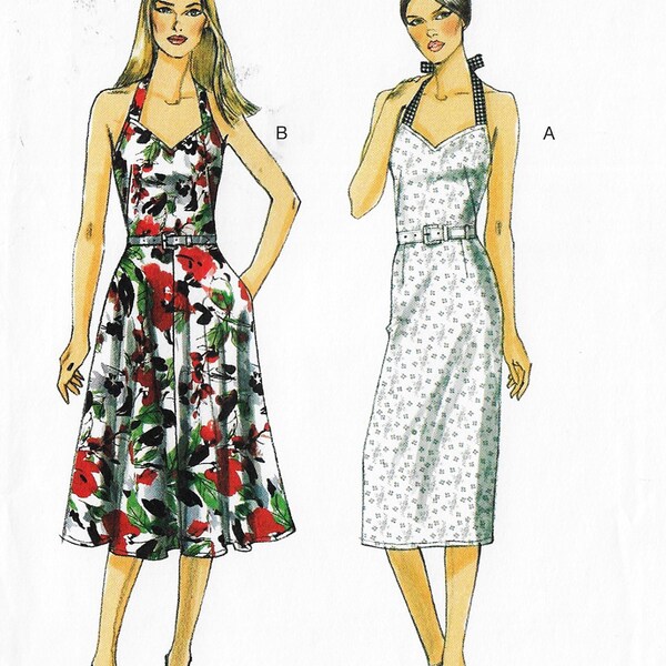 Dameshalterjurk met slanke of uitlopende rok Custom-fit voor cupmaat OOP Vogue naaipatroon V8725 Maat 14 16 18 20 22 Buste 36 tot 44 FF