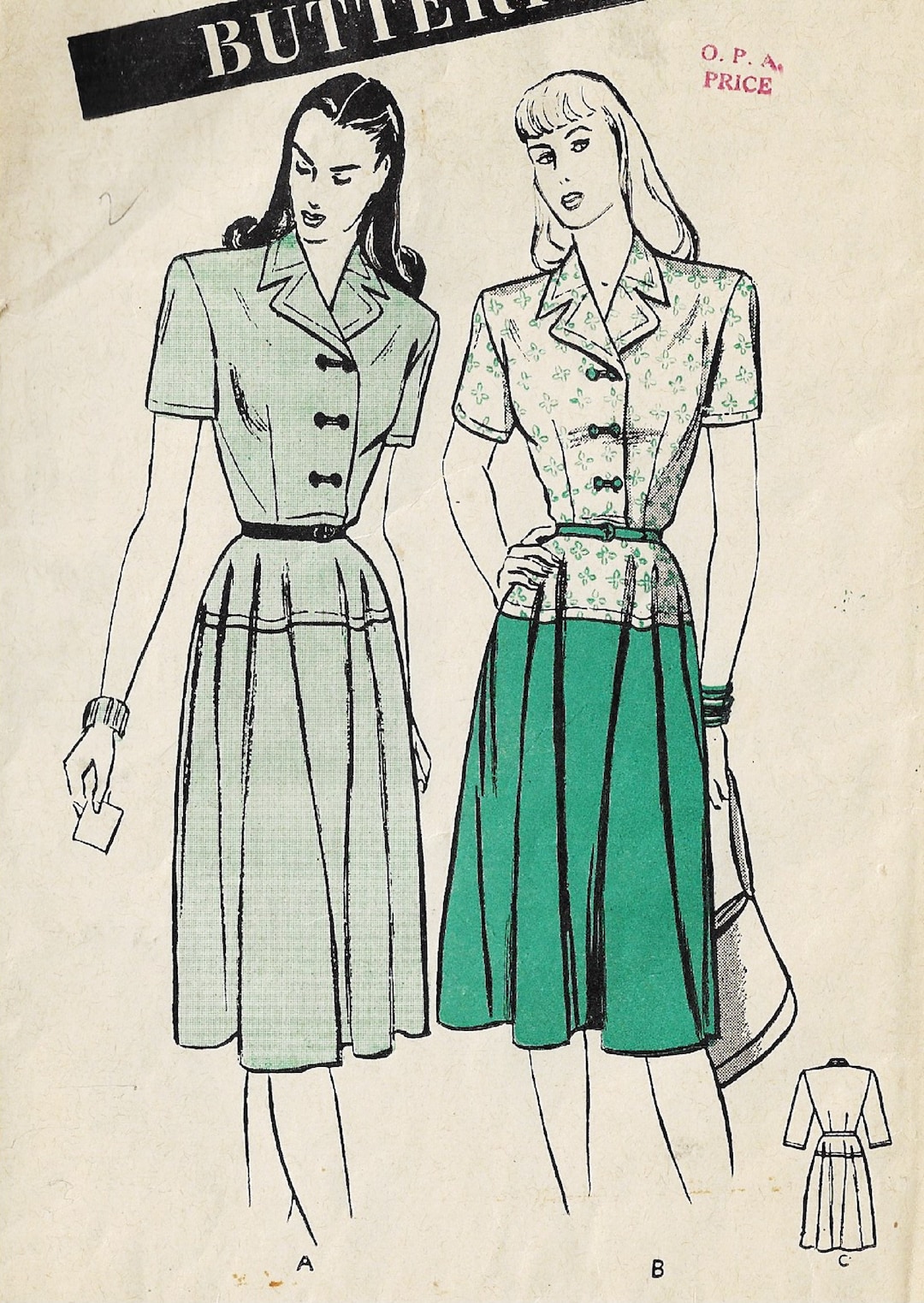 1940s Womens Tailored Dress With Barrel Skirt Butterick Sewing Pattern ...