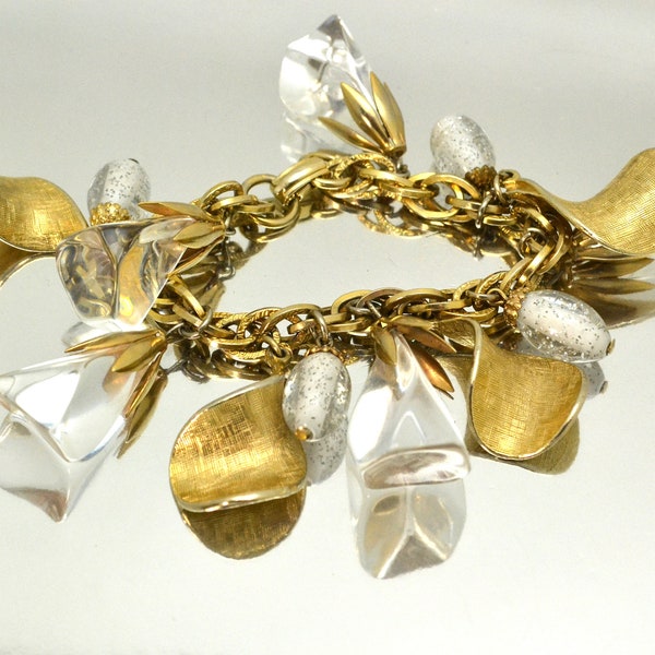 Vintage 60s Charm Bracelet Unmarked Coro with Lucite Chunks & Gold Tone Metal Leaves