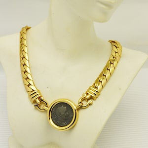 1980s Carolee Roman Soldier Necklace in Shiny Gold Plated Metal Wide ...