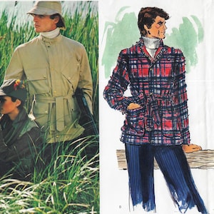May include: A beige safari-style jacket with a high collar, four front pockets, and a matching waist belt, shown alongside a fashion illustration of a similar jacket in a red, blue, and white plaid pattern worn with a white turtleneck and dark pants.