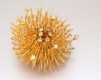 Vintage Gold Tone Metal Sputnik Brooch with Rhinestones Atomic Lapel Pin