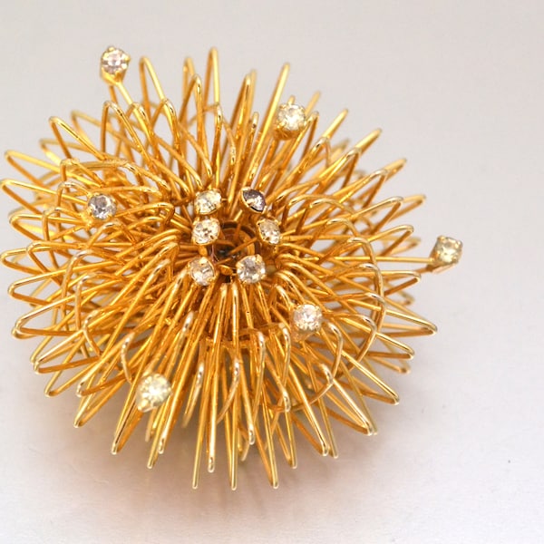 Vintage Gold Tone Metal Sputnik Brooch with Rhinestones Atomic Lapel Pin