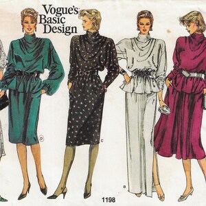 May include: Vogue's Basic Design pattern featuring illustrations of women's dresses. The dresses include a teal dress with a belt, a black dress with a floral pattern, a white dress with a peplum, and a magenta dress with a skirt.