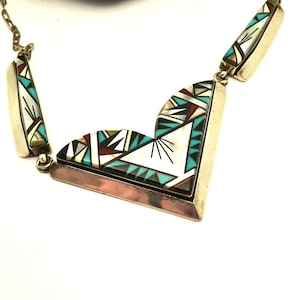 Vintage Zuni Sterling Multi-Stone Inlay Necklace Unknown Maker 3 Panel Hinged Necklace