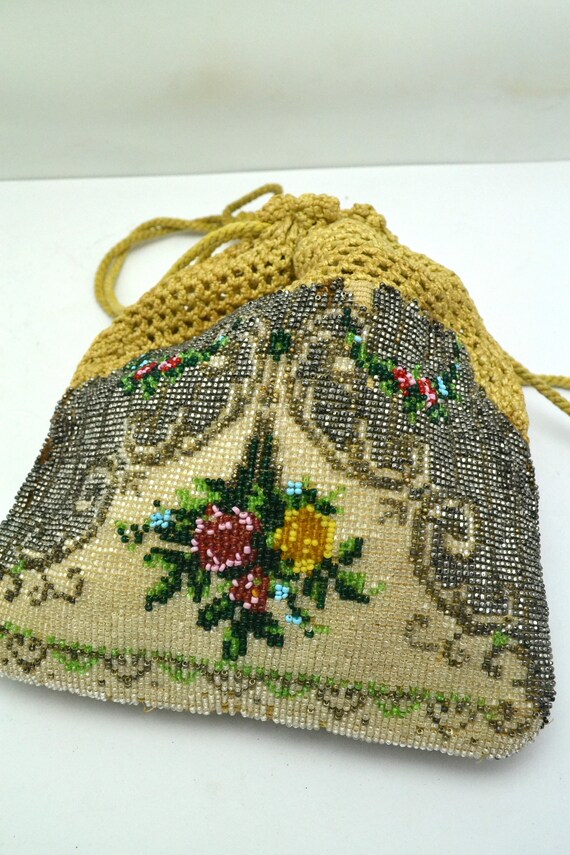 Vintage Micro Beaded Purse with Crocheted Drawstr… - image 8