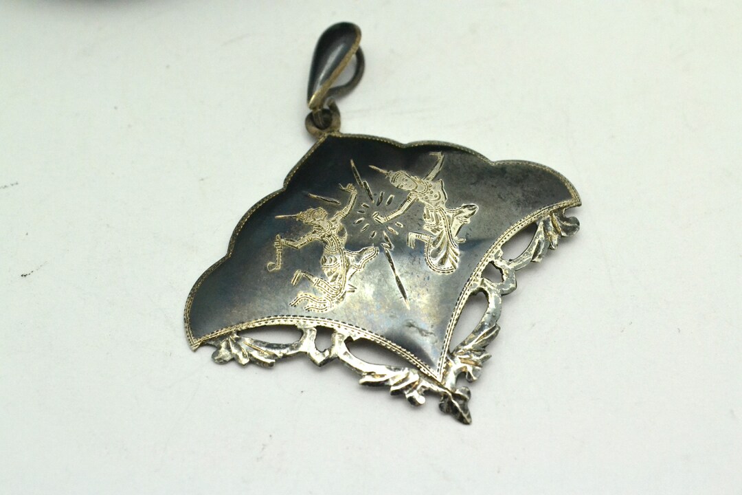 Vintage Siam Niello Fan Shaped Pendant 925 Sterling Silver God Etsy