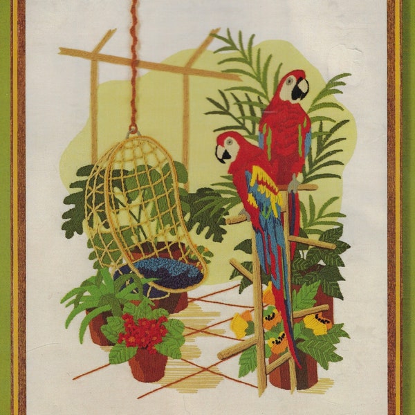 1980s Tropical Atrium Sunset Crewel Embroidery Kit 2412 Designed by Connie Blyler Frame Size 16" x 20" New in Package