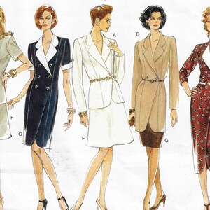 May include: A sewing pattern featuring five different styles of dresses. The dresses are all in different colours and patterns, including a white dress with a black collar, a black dress with a white collar, a beige dress with a brown belt, a brown dress with a white collar, and a red dress with a white collar.