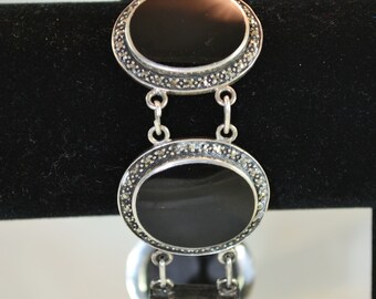 ヴィンテージ ユーズド オニキス×マーカサイト シルバー 925 ブレスレット ヴィンテージ ブラック オニキスとマーカサイト リンク