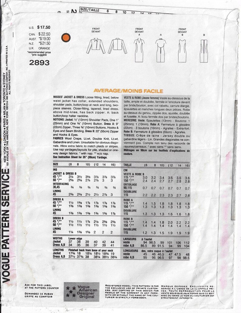 May include: A sewing pattern for a jacket and dress. The pattern is for sizes 6-16. The pattern includes instructions for cutting and sewing the garment. The pattern is for a loose-fitting jacket and a close-fitting dress. The pattern is for a woman.