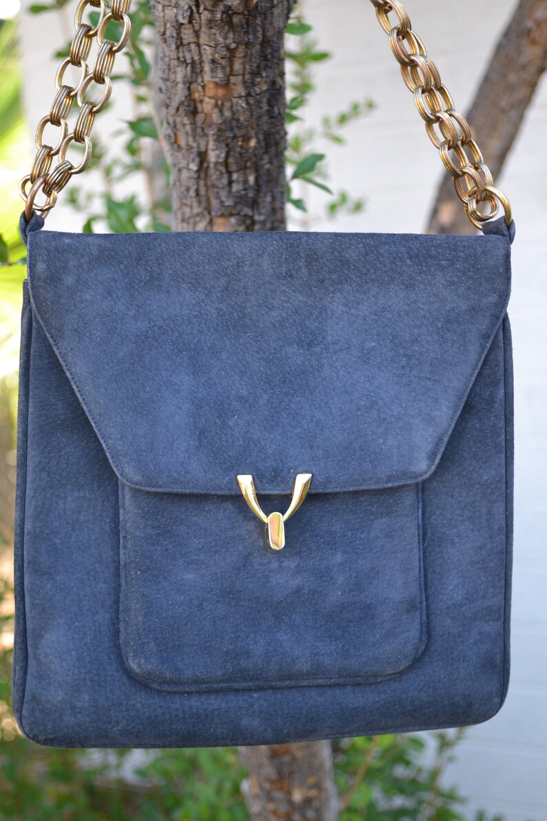 1960s Prestige Shoulder Bag Navy Blue Suede Handbag With Chain Etsy