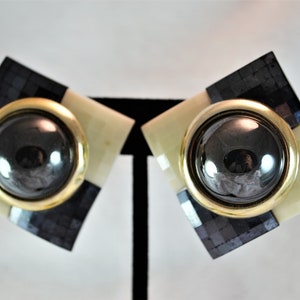80s Plastic Clip on Earrings Checkerboard Squares of Cream and Black image 5