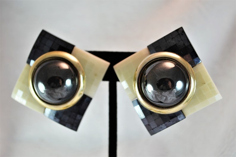 80s Plastic Clip on Earrings Checkerboard Squares of Cream and Black image 5