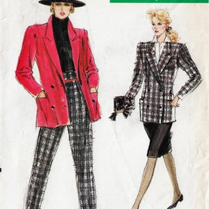 May include: Illustration of two women modeling vintage fashion. One wears a red double-breasted blazer, black turtleneck, and plaid pants. The other models a plaid blazer and skirt. The text "VERY EASY / TRÈS FACILE" is at the top.