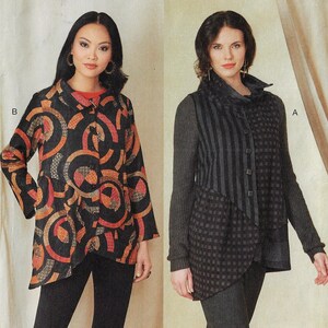 May include: Two women modeling stylish jackets. One jacket is black with an orange and red circular pattern. The other is a dark gray jacket with vertical stripes and a square pattern on the lower portion. Both jackets have long sleeves.