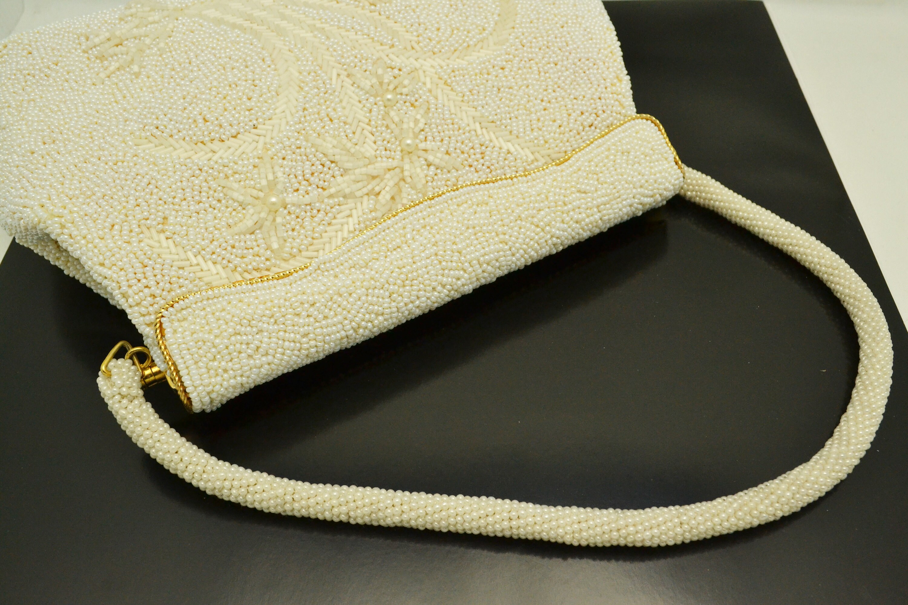 Vintage 1950s Cream Beaded Handbag Made in Hong Kong Flip Top 