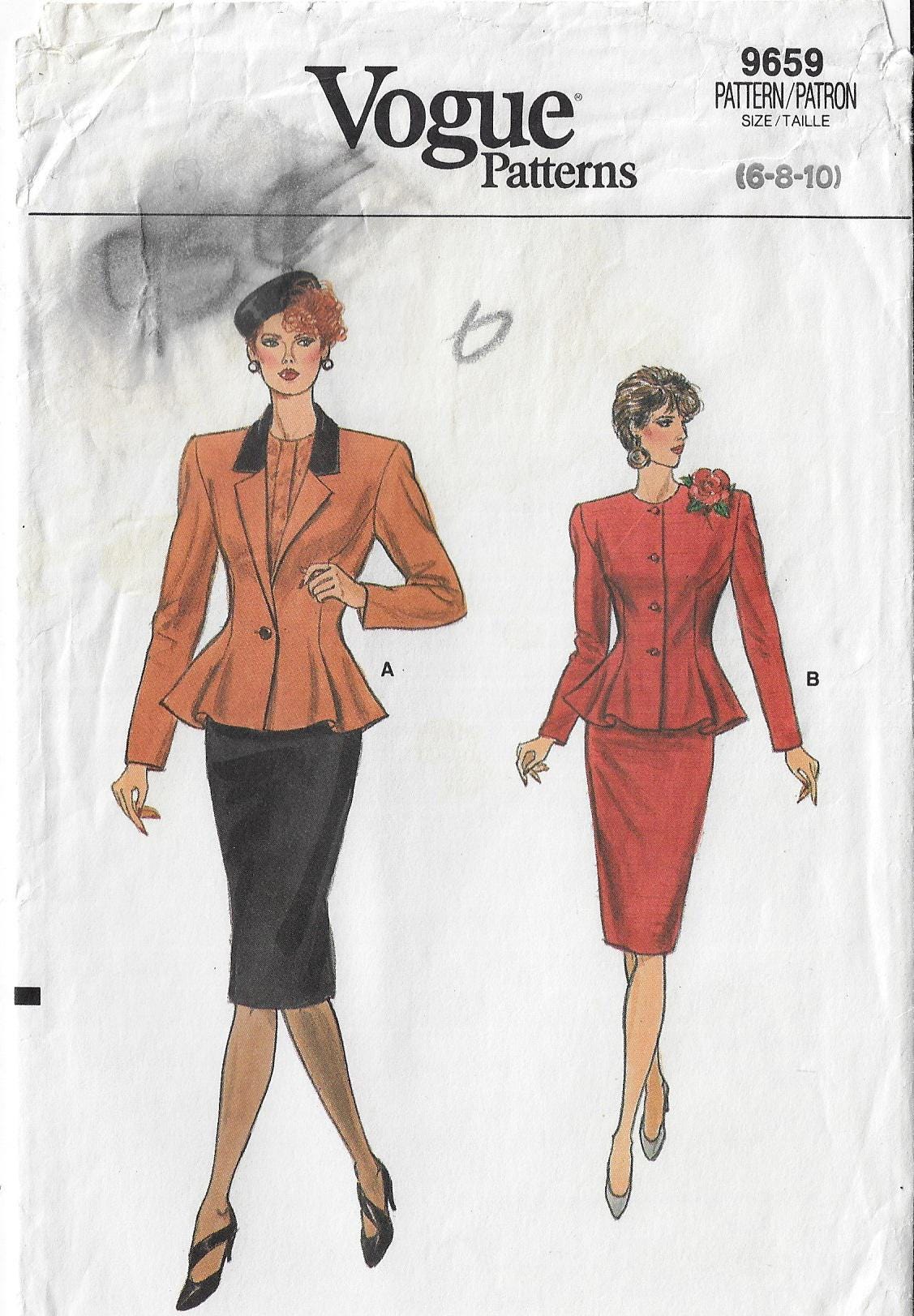 80s Womens Flared Peplum Jacket and Pencil Skirt Vogue