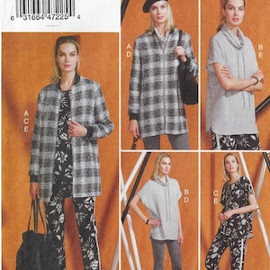 May include: A fashion illustration showcasing four distinct outfits. The outfits include a black and white checked jacket, a grey cowl neck top, a grey hooded top, and a black and white patterned top. All outfits are paired with black and white patterned trousers.