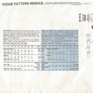 May include: Vogue Sewing Pattern 2336 for a semi-fitted dress with long or short sleeves. The pattern includes instructions for a scarf. The pattern is for sizes 8-12, 14-16, 18, 20, 22, and 24.