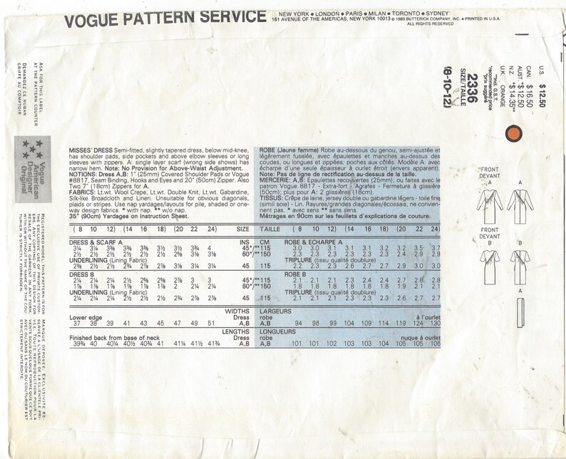 May include: Vogue Sewing Pattern 2336 for a semi-fitted dress with long or short sleeves. The pattern includes instructions for a scarf. The pattern is for sizes 8-12, 14-16, 18, 20, 22, and 24.