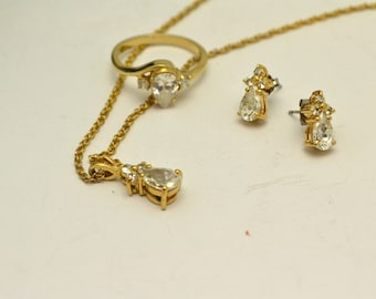 Vintage Pear Shaped Rhinestone Necklace, Pierced Earrings and Ring Gold Tone Metal