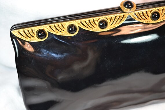 Vintage 50s Black Patent Leather Clutch Purse Fau… - image 10