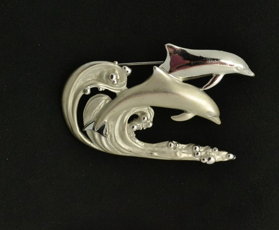 Vintage AJC Brooch Two Dolphins in the Waves Silver Tone Lapel Pin