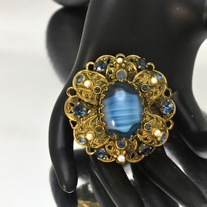 1940s Porphyry Glass Brooch Made in Germany Blue Crystals & Faux Pearls in Brass Filigree