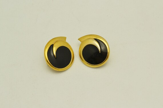 Vintage Monet Pierced Earrings Black Enamel and G… - image 3