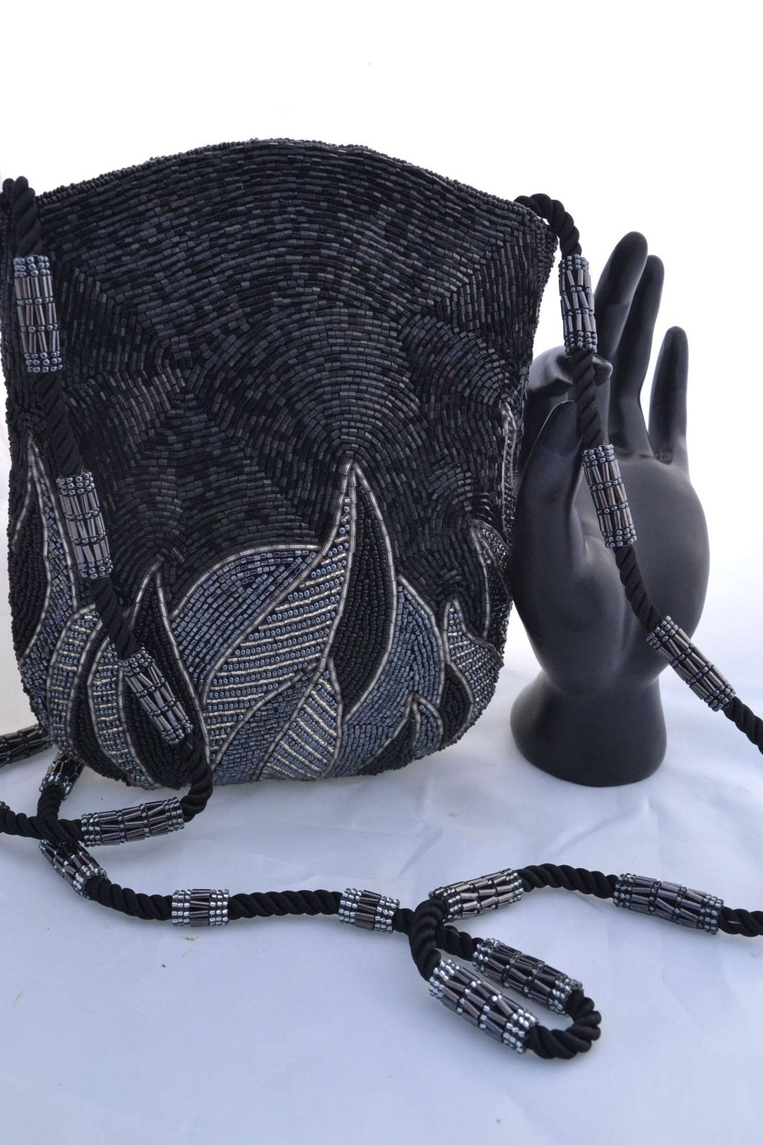 Vintage Jerome's Handbag Black and Silver Hand Beaded Evening Handbag ...
