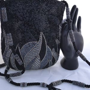 Vintage Jerome&#39;s Handbag Black and Silver Hand Beaded Evening Handbag Beaded Shoulder Strap