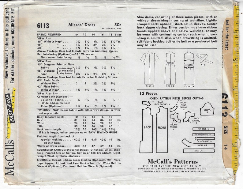 1960s Womens Sheath Dress with Belt Bateau Neckline McCalls Sewing Pattern 6113 Size 14 Bust 34 image 3