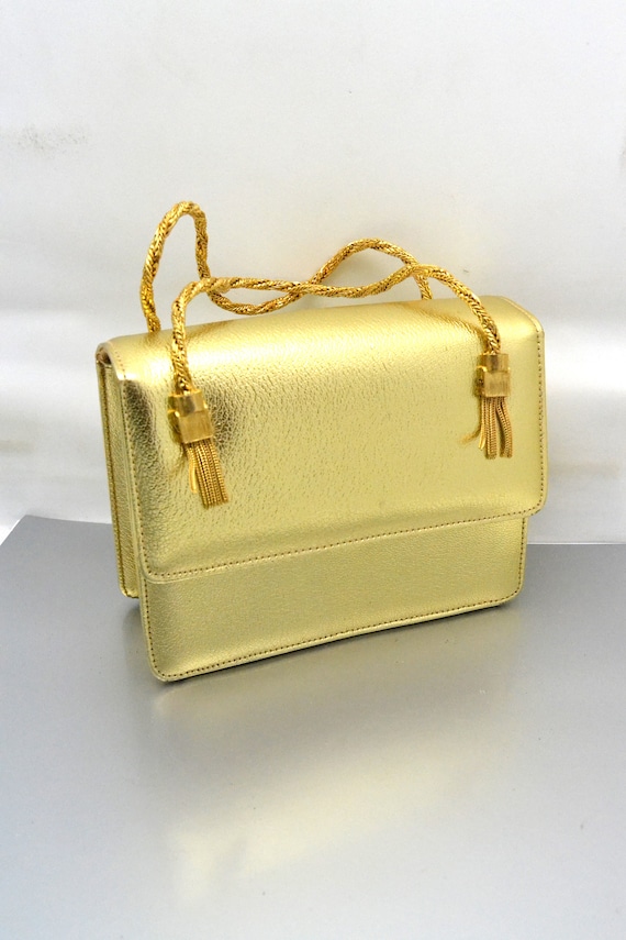 Vintage Faux Gold Leather Box Purse Woven Chain To