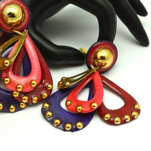Bright and Bold Boho Clip Earrings Paper and Resin Hot Pink, Red, Purple & Gold Great Vintage Gift for Her