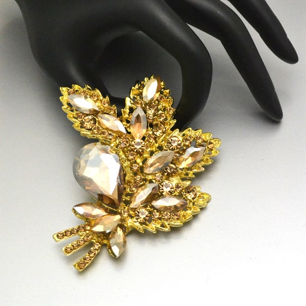 Huge Rhinestone Brooch Topaz Colored Rhinestones Set in Gold Tone Metal