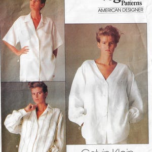 May include: Vogue Patterns American Designer image featuring three different white linen shirt designs. One shirt has short sleeves, another has long sleeves with vertical stripes, and the third has a V-neck and button closure. The image is a fashion design advertisement.
