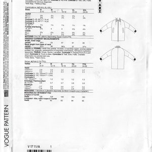 May include: A sewing pattern for a women's jacket with raglan sleeves, welt pockets, and a contrast collar, cuffs, facing, and fly. The pattern includes instructions for making the jacket in sizes 8-10, 12-14, 16-18, 20-22, and 24-26. The pattern is labeled V1711 and is rated as average/moins facile.