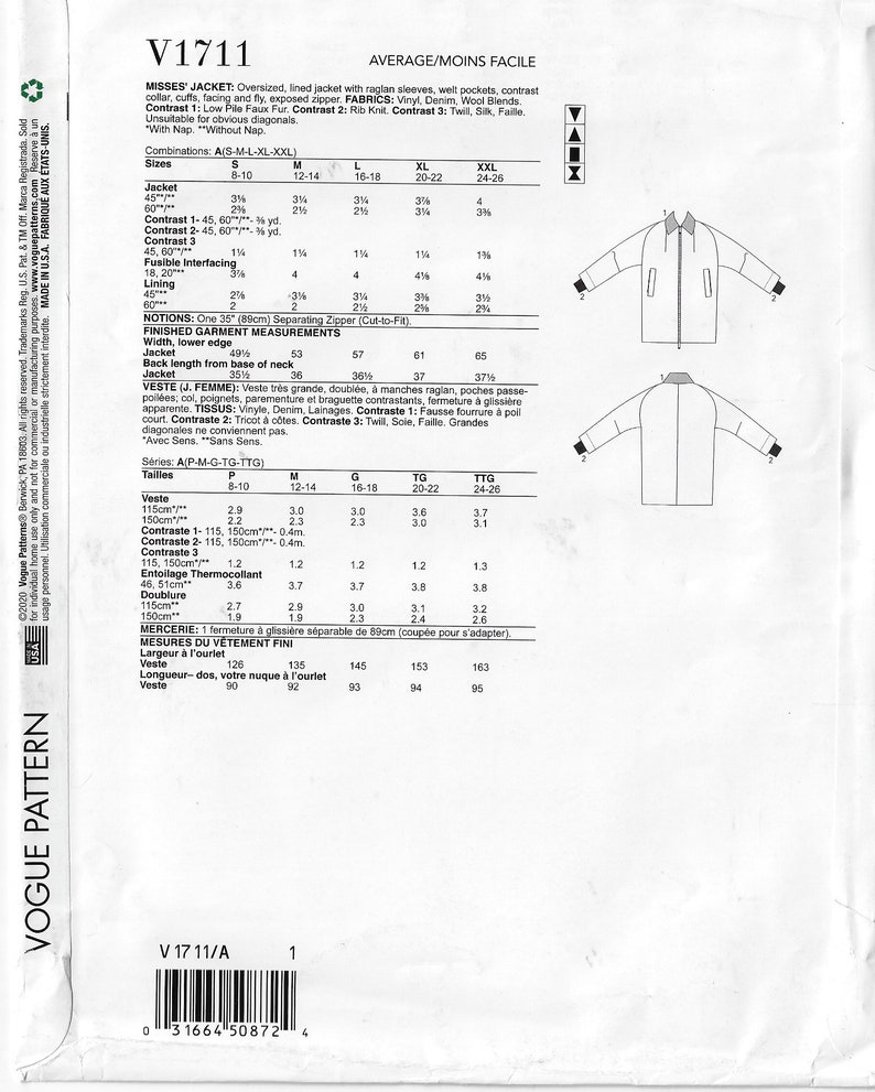 May include: A sewing pattern for a women's jacket with raglan sleeves, welt pockets, and a contrast collar, cuffs, facing, and fly. The pattern includes instructions for making the jacket in sizes 8-10, 12-14, 16-18, 20-22, and 24-26. The pattern is labeled V1711 and is rated as average/moins facile.