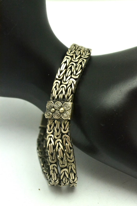Vintage 925 Silver Bracelet 3 Rows Byzantine Chai… - image 2